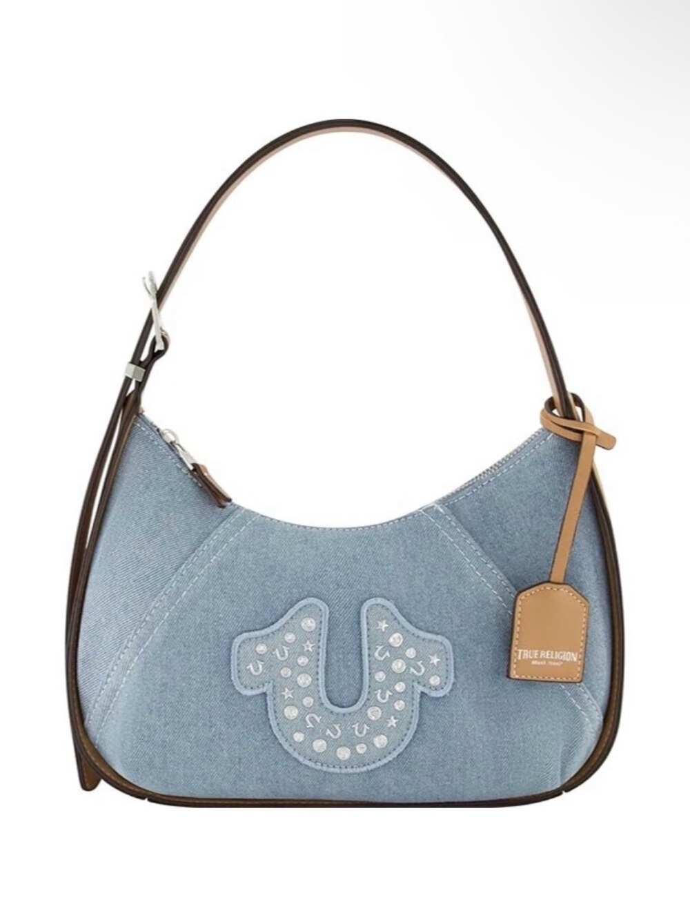 True Religion Light Blue Denim Shoulder Bag with Tan Trim